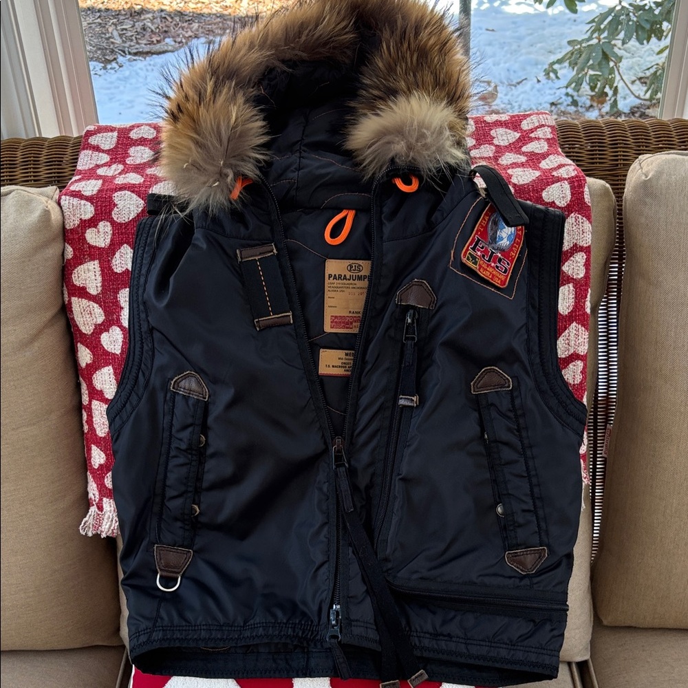 Parajumpers Black Vest with Fur Trim and Orange Accents